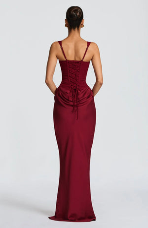 Draped Maxi Gown Figure-Flattering Satin – Lenore - Burgundy - Bellux