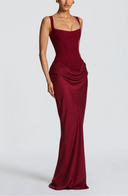 Draped Maxi Gown Figure-Flattering Satin – Lenore - Burgundy - Bellux