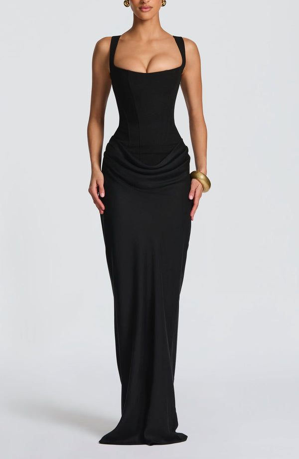 Draped Maxi Gown Figure-Flattering Satin – Lenore - Bellux