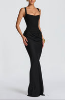 Draped Maxi Gown Figure-Flattering Satin – Lenore - Black - Bellux