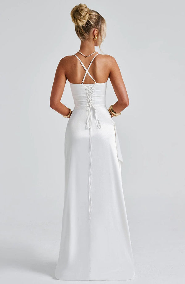 Evening Maxi Dress Ruched Waist, High Slit – Beatrice