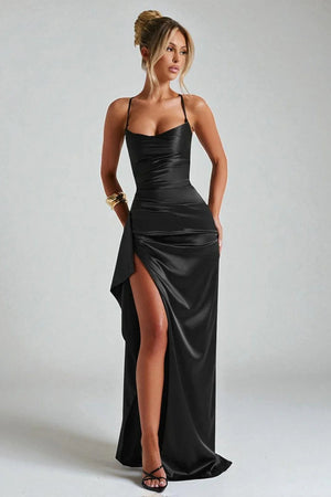 Evening Maxi Dress Ruched Waist, High Slit – Beatrice