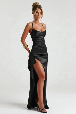 Evening Maxi Dress Ruched Waist, High Slit – Beatrice