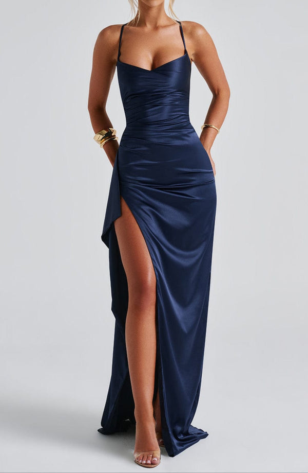 Evening Maxi Dress Ruched Waist, High Slit – Beatrice - Bellux