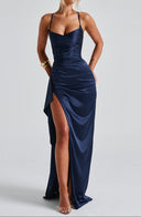 Evening Maxi Dress Ruched Waist, High Slit – Beatrice - Navy Blue - Bellux