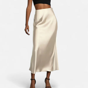 Flattering High-Waist Satin Midi Skirt – Delilah - Beige - Bellux