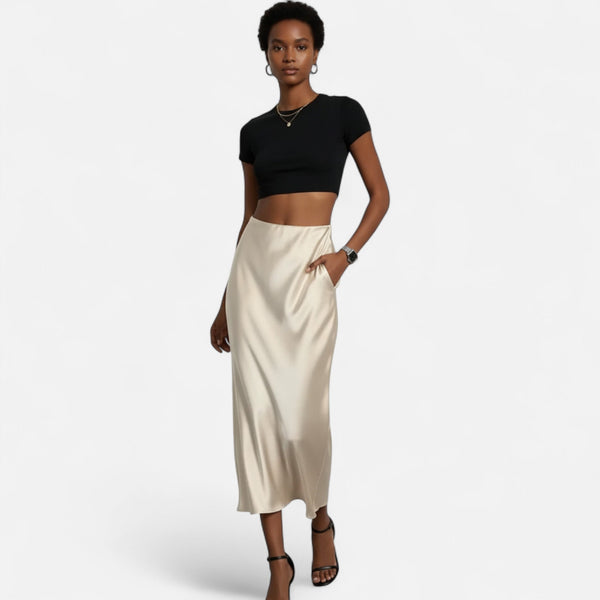 Flattering High-Waist Satin Midi Skirt – Delilah - Bellux