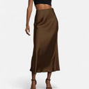 Flattering High-Waist Satin Midi Skirt – Delilah - Coffee - Bellux