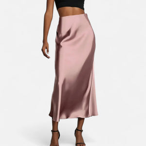 Flattering High-Waist Satin Midi Skirt – Delilah - Pink - Bellux