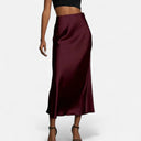 Flattering High-Waist Satin Midi Skirt – Delilah - Wine-Red - Bellux