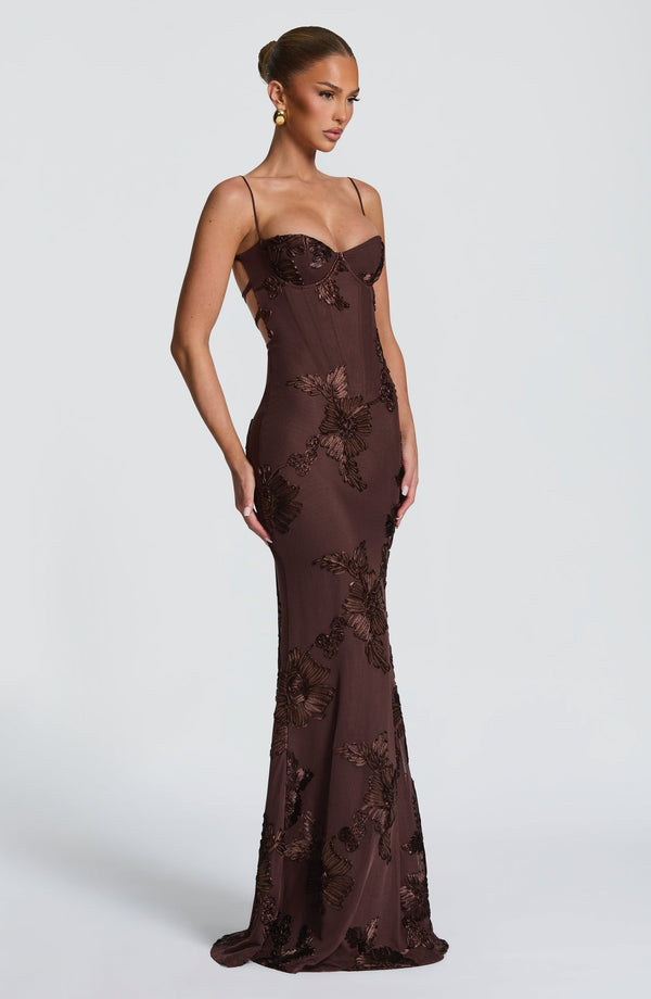 Floral Appliqué Corset Maxi Dress – Nerida - Bellux