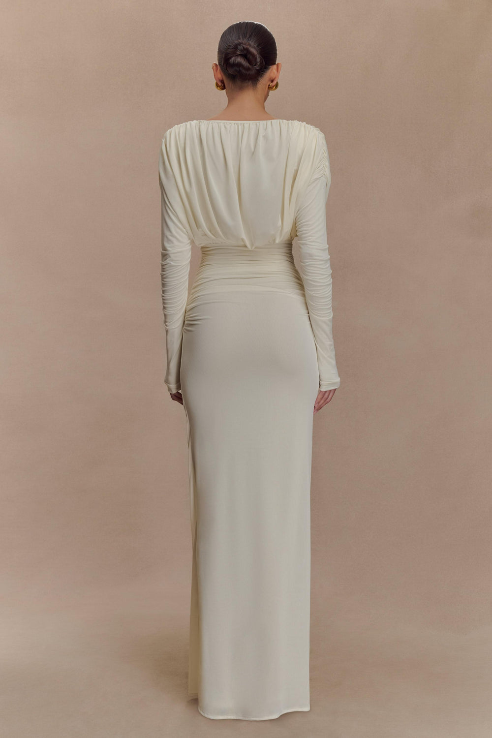 Gathered Plunge Maxi Dress High-Stretch Jersey – Mirelle - white - Bellux