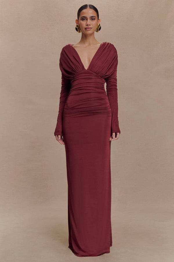 Gathered Plunge Maxi Dress High-Stretch Jersey – Mirelle - red - Bellux