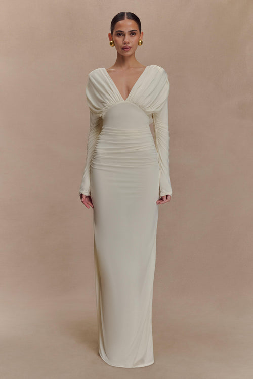 Gathered Plunge Maxi Dress High-Stretch Jersey – Mirelle - white - Bellux