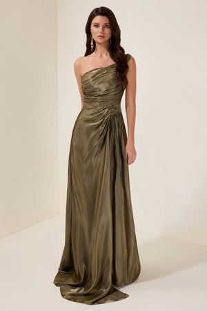 Gathered Skew Collar Maxi Dress Party-Ready Satin - Bellux
