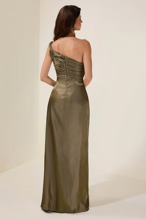 Gathered Skew Collar Maxi Dress Party-Ready Satin - Bellux