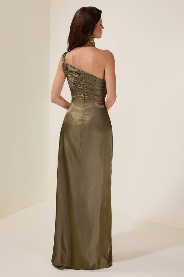 Gathered Skew Collar Maxi Dress Party-Ready Satin - Bellux