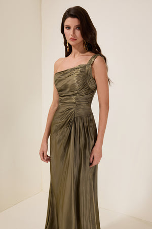 Gathered Skew Collar Maxi Dress Party-Ready Satin - Bellux
