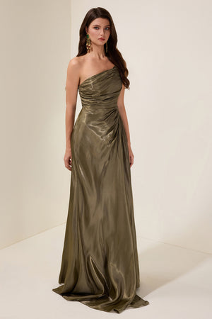 Gathered Skew Collar Maxi Dress Party-Ready Satin - Bellux