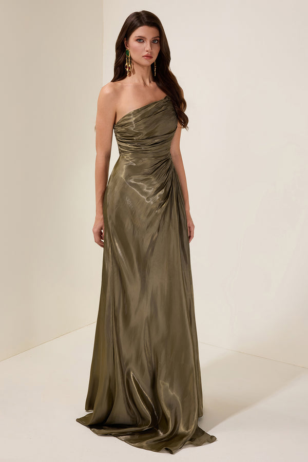 Gathered Skew Collar Maxi Dress Party-Ready Satin - Bellux