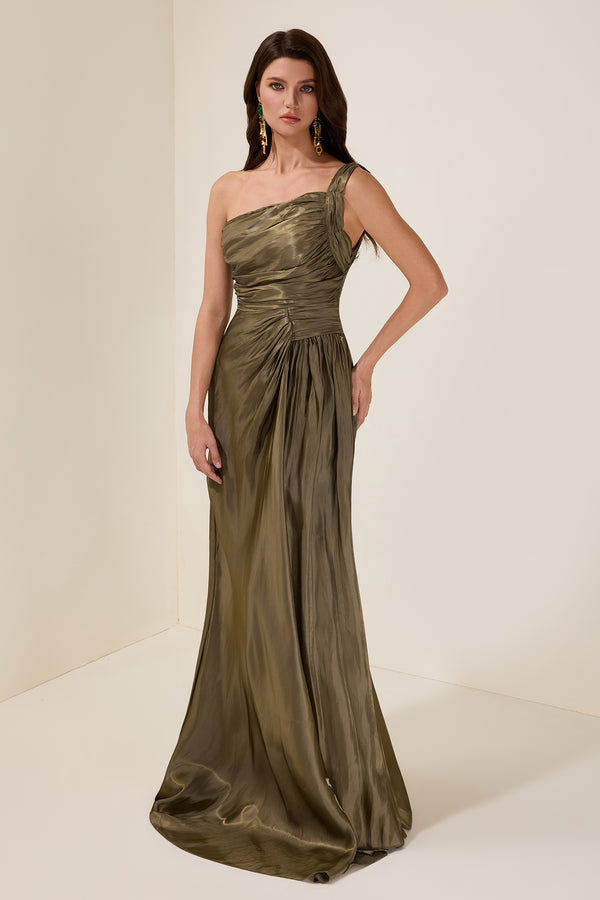 Gathered Skew Collar Maxi Dress Party-Ready Satin - Bellux