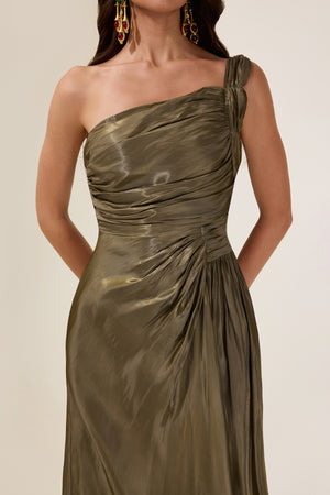 Gathered Skew Collar Maxi Dress Party-Ready Satin - Bellux