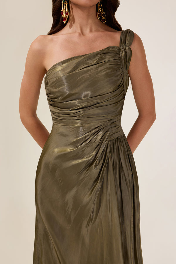 Gathered Skew Collar Maxi Dress Party-Ready Satin - Bellux