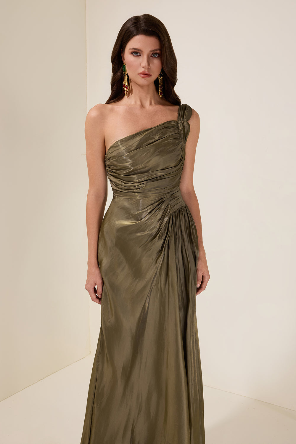 Gathered Skew Collar Maxi Dress Party-Ready Satin - olive - Bellux