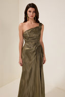Gathered Skew Collar Maxi Dress Party-Ready Satin - olive - Bellux