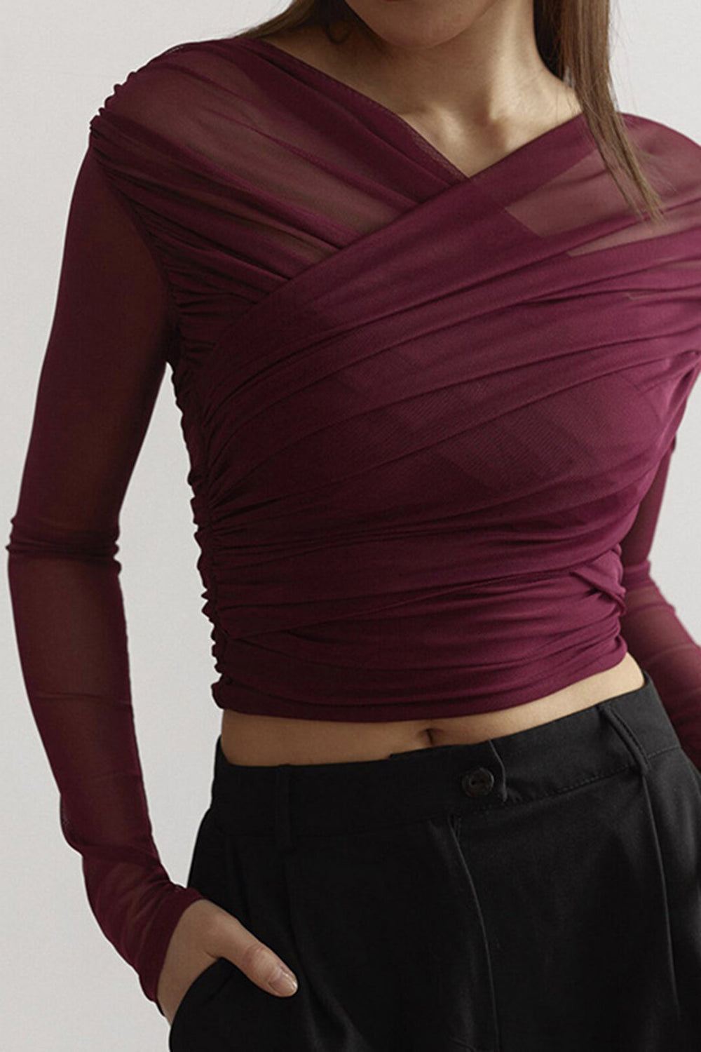 Gathered V-Neck Mesh Blouse Fitted Semi-Sheer - Bellux