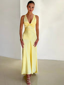 Halter Maxi Dress Ruched Backless Satin – Marielle - Yellow - Bellux