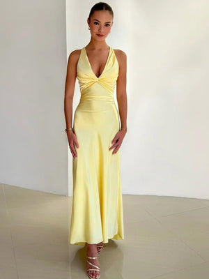 Halter Maxi Dress Ruched Backless Satin – Marielle - Yellow - Bellux