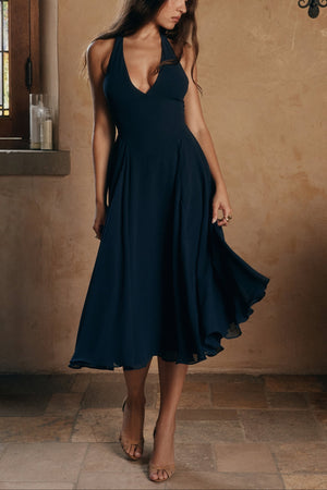 Halter Midi Dress Lightweight Day-To-Evening – Juliet - Navy - Bellux
