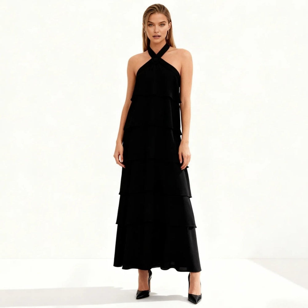 Halter Tiered Ankle-Length Chiffon Gown – Ottilie - Black - Bellux