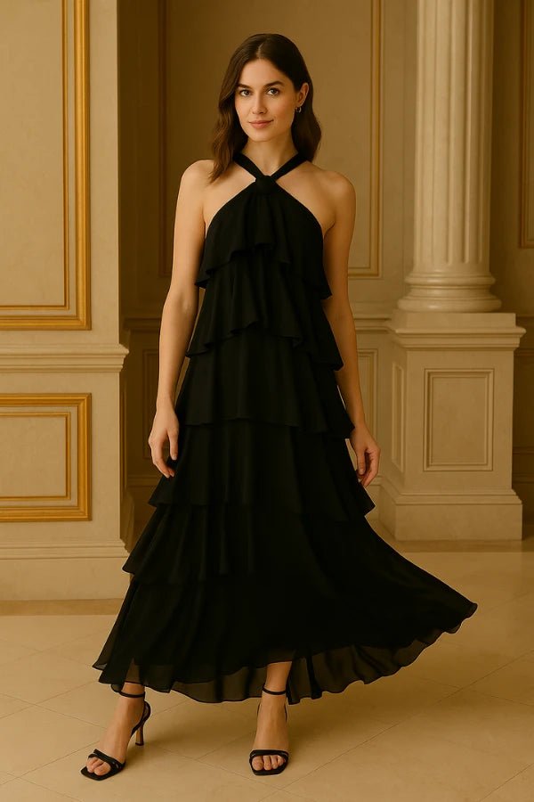 Halter Tiered Ankle-Length Chiffon Gown – Ottilie - Black - Bellux