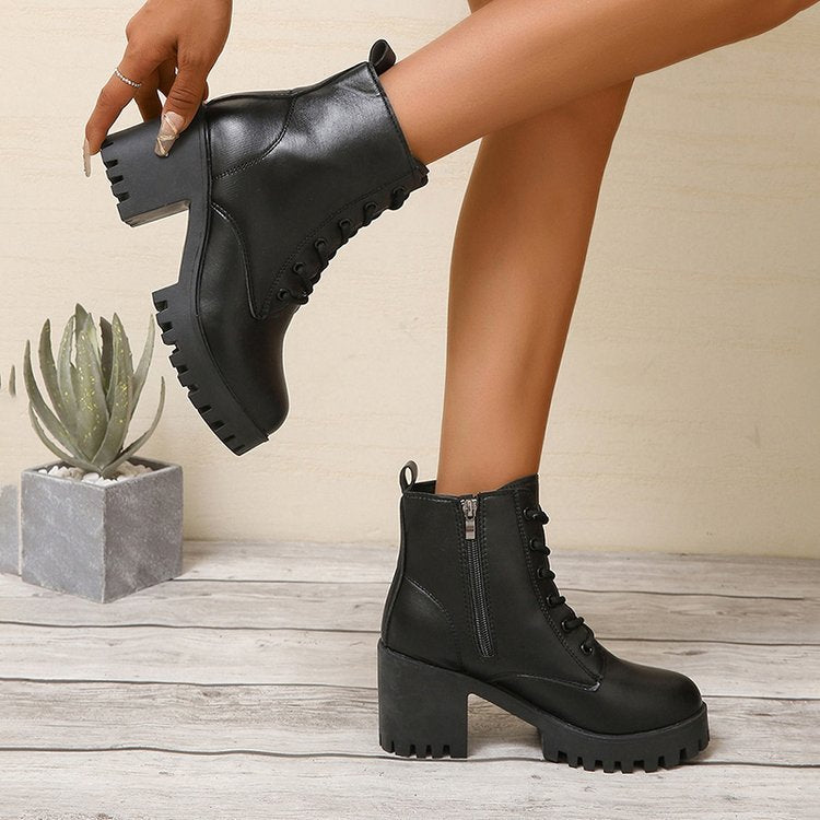 High-Top Ankle Boots Lace-Up Block Heel – Agnes - Black - Bellux