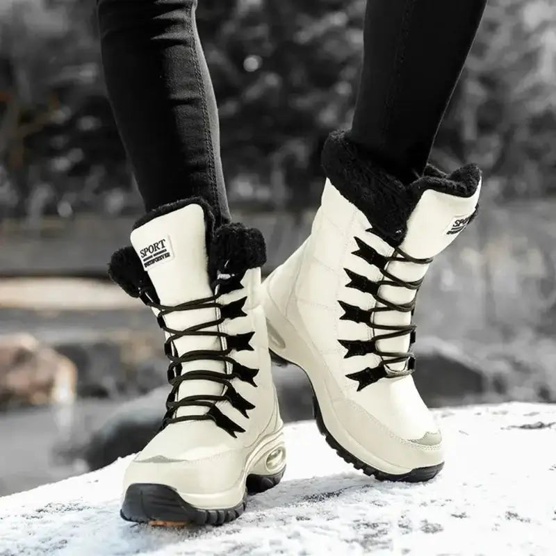 High-Top Snow Boots Waterproof Fleece-Lined – Eira - Beige - Bellux