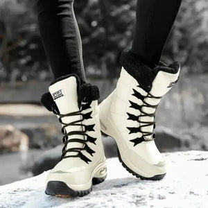 High-Top Snow Boots Waterproof Fleece-Lined – Eira - Beige - Bellux