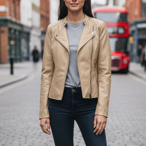 Hip-Length Jacket Tailored Fit Vegan Leather – Rosamund - Beige - Bellux