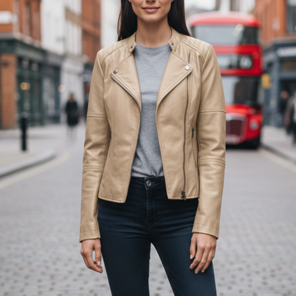 Hip-Length Jacket Tailored Fit Vegan Leather – Rosamund - Beige - Bellux
