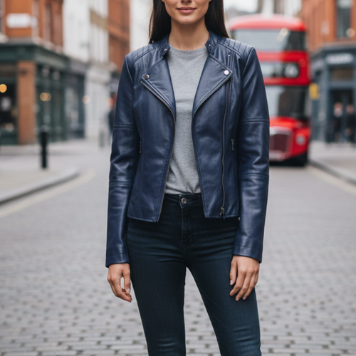 Hip-Length Jacket Tailored Fit Vegan Leather – Rosamund - Navy - Bellux