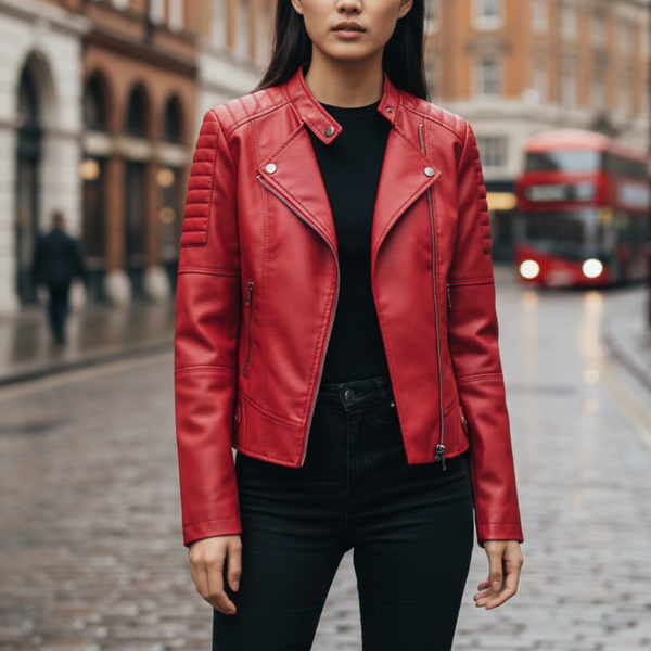 Hip-Length Jacket Tailored Fit Vegan Leather – Rosamund - Red - Bellux