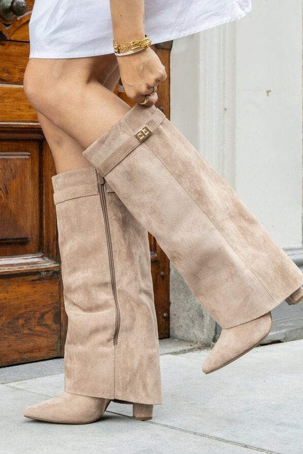 Knee-High Side-Zip Block Heel Khaki Suede Boots - Bellux