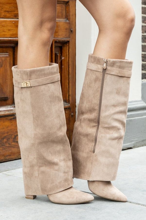 Knee-High Side-Zip Block Heel Khaki Suede Boots - Bellux