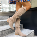 Knee-High Slouch Boots Side-Zip Low Stacked Heel – Saskia - Beige - Bellux