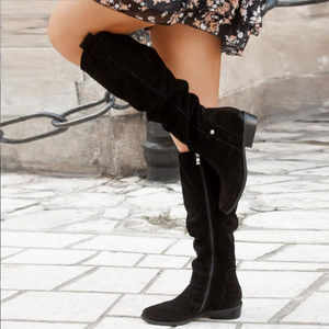 Knee-High Slouch Boots Side-Zip Low Stacked Heel – Saskia - Bellux
