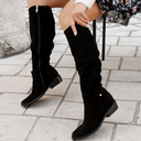 Knee-High Slouch Boots Side-Zip Low Stacked Heel – Saskia - Black - Bellux
