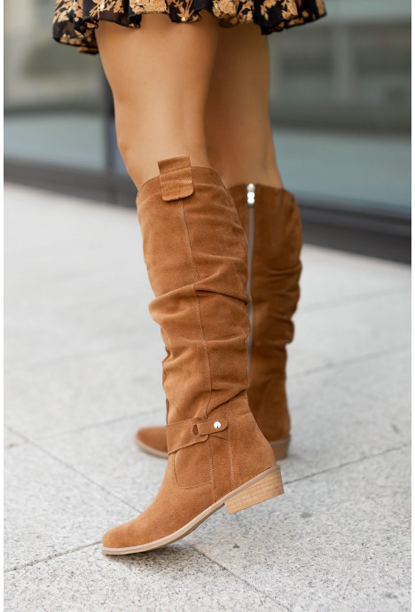 Knee-High Slouch Boots Side-Zip Low Stacked Heel – Saskia - Light Brown - Bellux