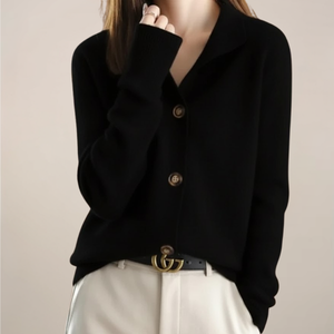 Ladies' Button-Front Cardigan with Soft Collar – Florence - Black - Bellux