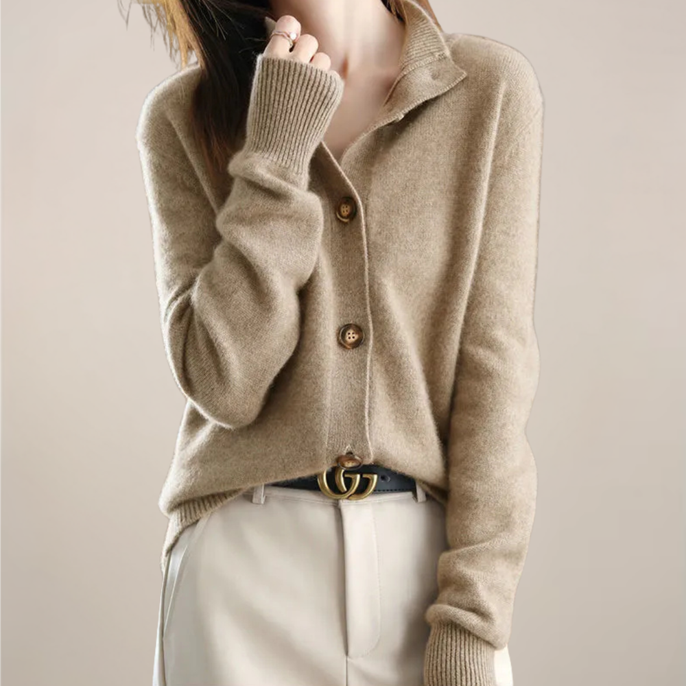 Ladies' Button-Front Cardigan with Soft Collar – Florence - Khaki - Bellux